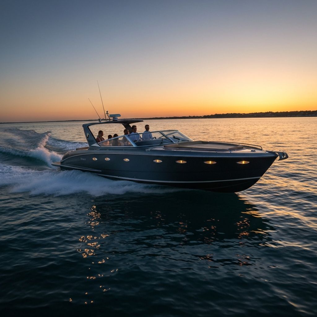 Lancha de lujo navegando al atardecer